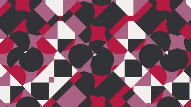 Abstract Geometric Pattern Background with Animated Square Grid, Minimal Black White Burgundy and Soft Maroon Shapes, Seamless Loop Motion Graphics