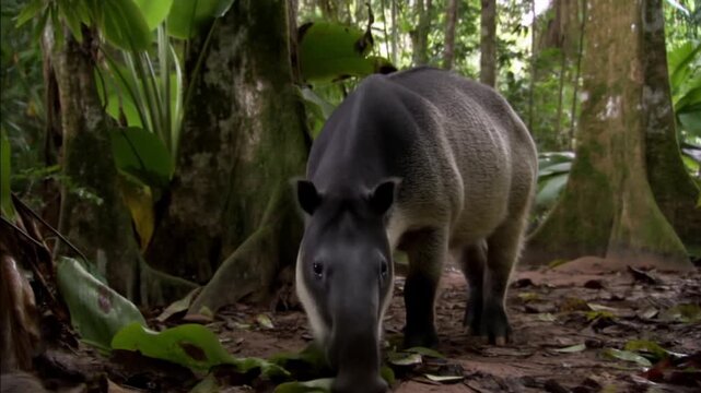 Tracking shot of lowland tapir walking toward viewer while foraging on forest floor in tropical rainforest understory