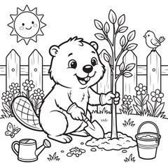 Bear cub gardening with a small tree watering can and picket fence black and white vector © arifahmed