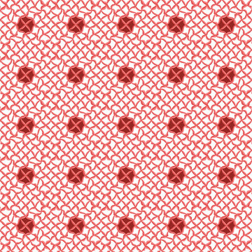 Seamless intricate geometric pattern. Red lattice mesh texture with floral elements on a white background. Arabic or Indonesian batik inspired design.