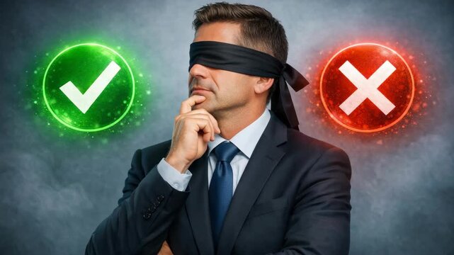 Blindfolded man ponders decision. Green check and red cross glow beside him. Thoughtful gesture suggests choice or evaluation. Professional attire implies business context