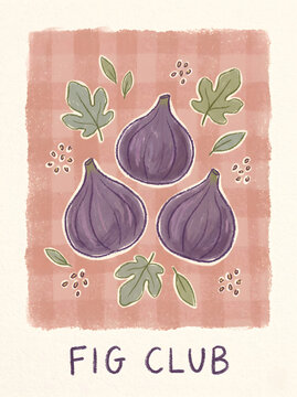 Cute hand drawn fig club poster illustration. Fresh purple figs with green leaves and seeds on a checkered pink background, kitchen and restaurant aesthetic wall art.