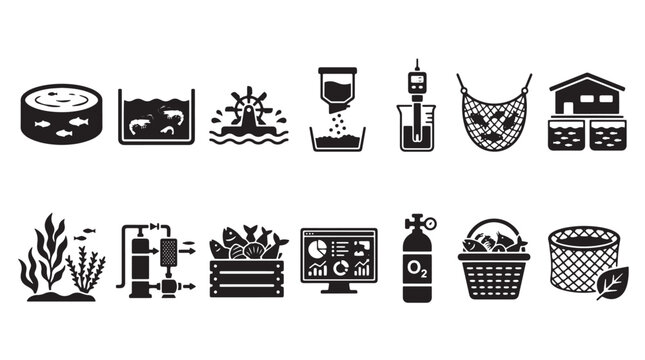 Aquaculture and fish farming icons set, industrial seafood production symbols, 14 black vector glyphs for commercial fishery and marine husbandry