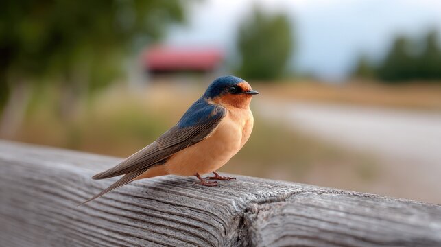Barn Swallow Perched on Fence: A small, colorful barn swallow with its characteristic blue back and rusty underparts sits on a weathered wooden fence, its keen eye observing the surroundings.