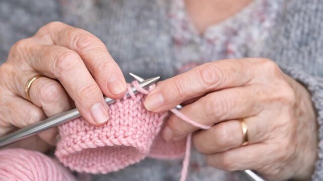 Soft pink yarn forms gentle stitches. Hands knit with care, showing age and skill. Fingers guide needles, creating warmth. Gold rings add subtle elegance to hands. Knitting project shows progress