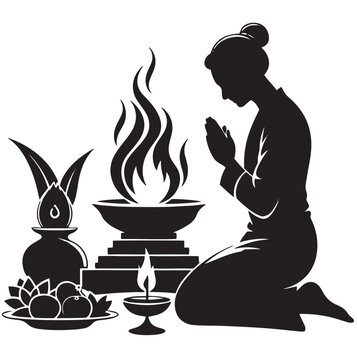 Hindu puja ritual silhouette vector, Indian woman praying in front of sacred fire, traditional havan ceremony and diya lamp illustration