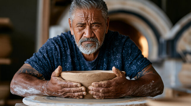 A Maori ceramicist shaping the walls of a hand-built vessel on a batt in a coastal studio, the irregular rim reflecting intentional asymmetry, terracotta slip visible on both