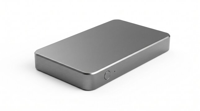 Metallic Portable External Hard Drive SSD Minimalist 3D Render Isolated on White Background
