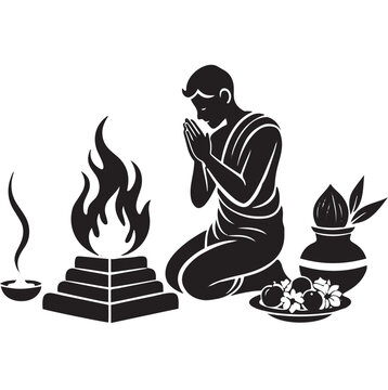 Hindu puja ritual vector icon, Indian priest praying in front of holy fire, traditional havan ceremony with kalash and offerings