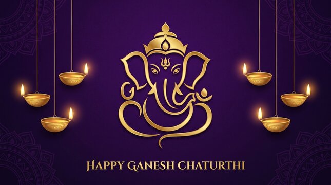 Golden Lord Ganesha Vector Illustration with Lit Oil Lamps Diya for Happy Ganesh Chaturthi Festival Greeting Card Background Design