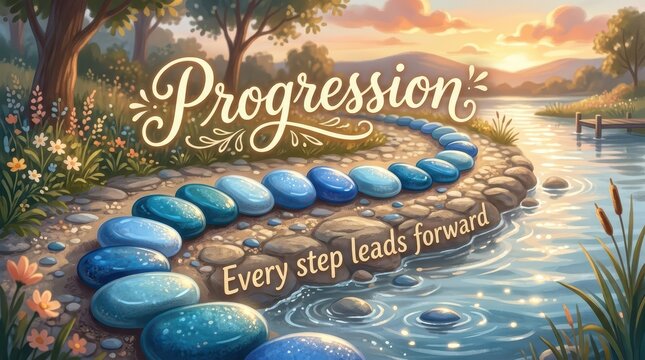 Serene progression path with blue stepping stones along a tranquil river at sunset, symbolizing growth and journey