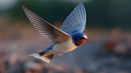 Obraz premium Barn Swallow in Flight: A barn swallow with iridescent blue plumage and a distinctive forked tail soars through the air, its wings outstretched in a graceful display of aerial mastery.