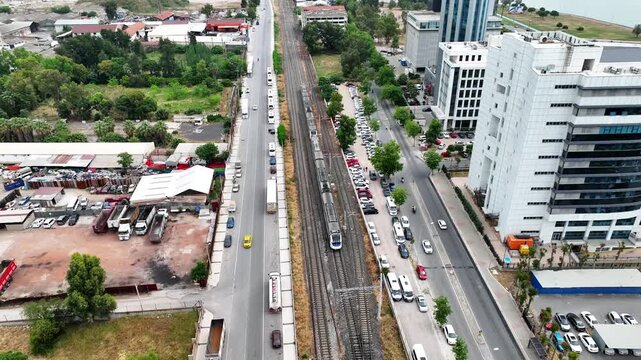 İzmir İZBAN Commuter Train Passing Through the City | 4K Aerial Drone Footage | Urban Railway Turkey