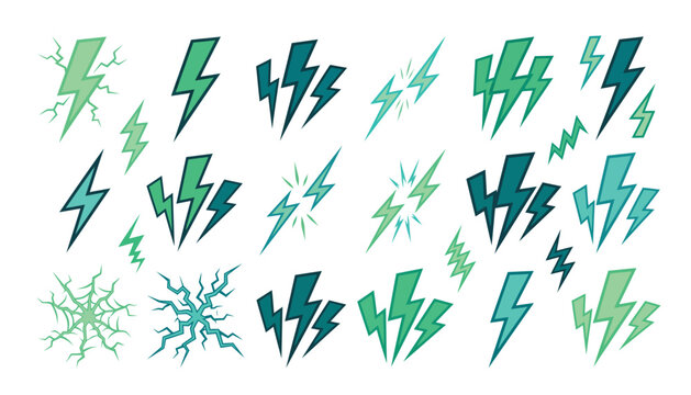 Lightning bolt vector illustration set featuring green electric sparks, comic flash icons, thunderbolt symbols, and dynamic power effects.