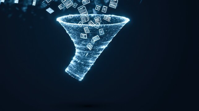 A digital funnel graphic with floating data icons symbolizes data processing and filtering in a sleek, futuristic design.