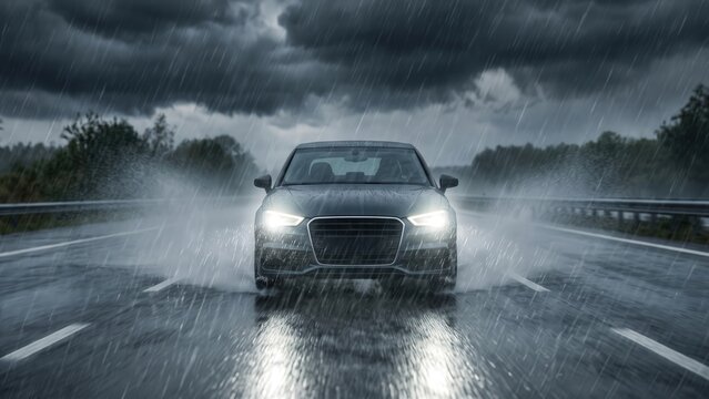 Car Headlights in Heavy Rain &mdash; Storm Highway Journey
