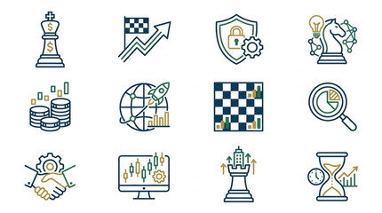 Business strategy icons set with chess pieces and financial charts. © Zn