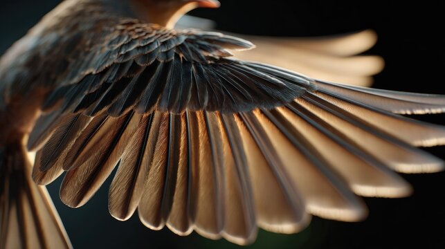 Close-up of Bird Wings: A detailed close-up shot showcasing the intricate structure and delicate texture of a bird's wings, illuminated by soft, natural light.