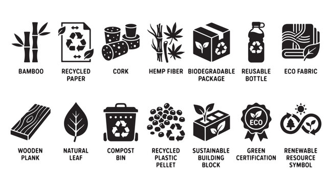 Sustainable materials icon set, eco friendly packaging and renewable resource symbols, 14 black vector icons for green certification and circular economy