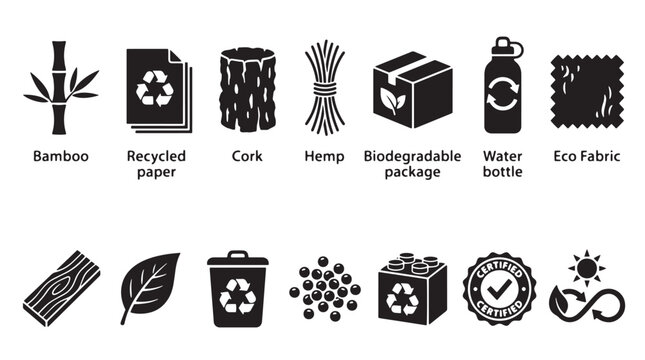 Eco friendly material icons set, sustainable product packaging symbols, 14 black vector signs for biodegradable and recycled goods