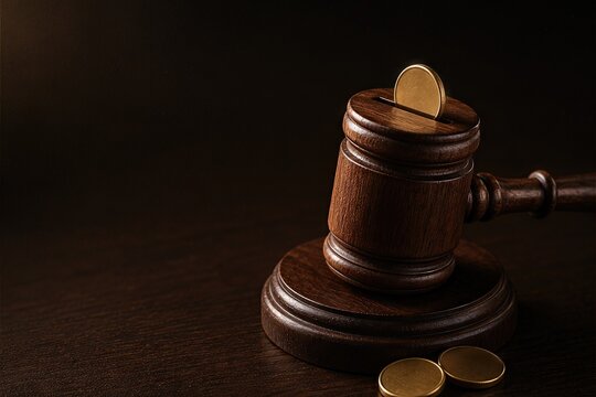Judge gavel and gold coins frozen in ice block - frozen money assets