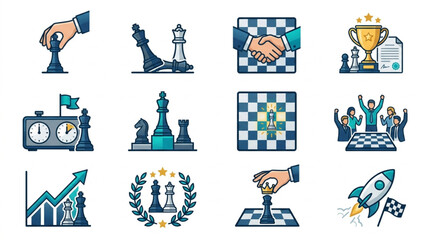 Chess game icons collection representing strategy and competition. © Zn