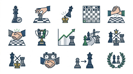 Chess game strategy and success icons collection. © Zn