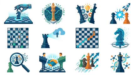 Chess game strategy and tactics concept illustration set. © Zn