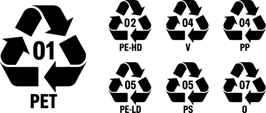 Vector illustration icon set of plastic resin identification codes featuring numerical recycling arrows symbols isolated on white