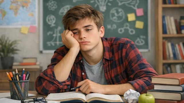 Young man rests head on hand, tired after studying. Open book, crumpled paper, green apple on desk. Chalkboard filled with diagrams, sticky notes behind. Books stacked high beside him, pens in holder