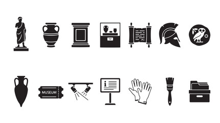 Fototapeta premium Ancient museum icons set, black history and archaeology vector elements, 14 gallery and exhibition symbols for education and tourism