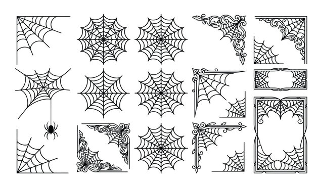 Spider web vector illustration set featuring halloween cobweb corners, gothic decorative borders, spooky frames, and hanging spider design elements.
