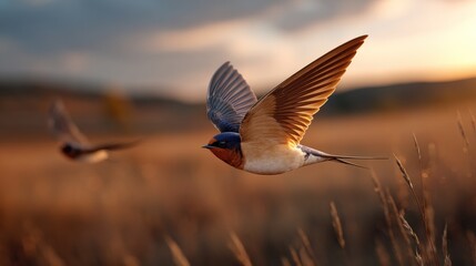 Fototapeta premium Barn Swallow in Flight: A barn swallow gracefully soars through a field of golden-brown grass, its wings spread wide, catching the warm light of a setting sun, with another bird in the background.