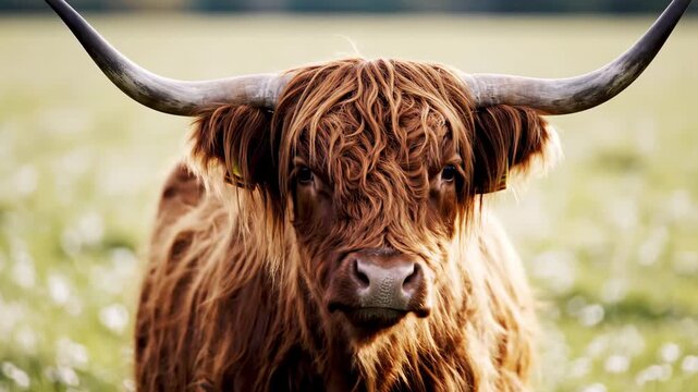 A majestic Highland cow with long curved horns grazes peacefully within a lush Scottish meadow during the golden hour as the soft sun illuminates its thick wavy auburn coat in the countryside