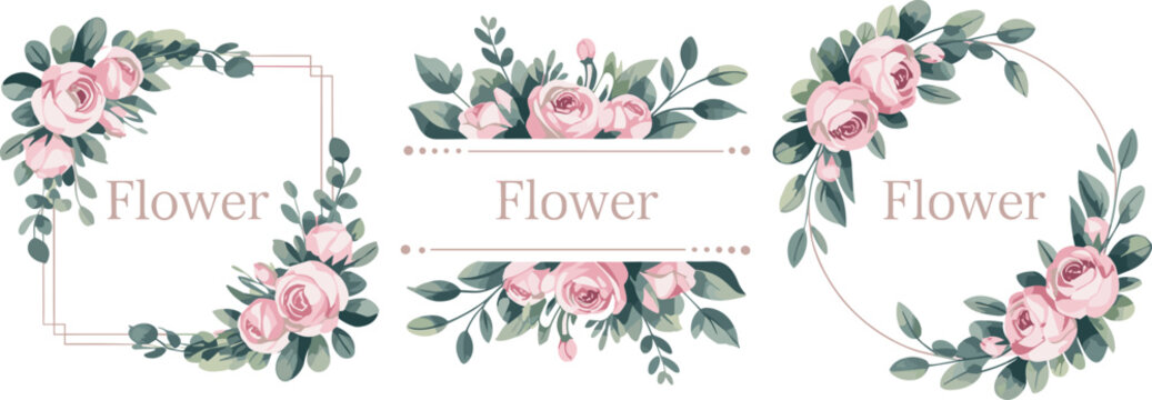 Elegant floral frame vector set with pink roses leaves wreath border circle square for wedding invitation design