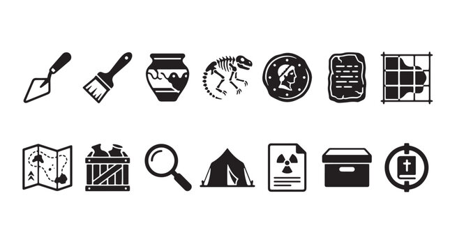 Archaeology and paleontology icon set, 14 black vector symbols of ancient artifacts and excavation tools, historical research and discovery graphics