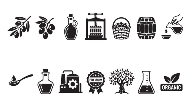 Olive oil production icons set, organic extra virgin oil symbols, black vector silhouettes of olive branches and manufacturing equipment