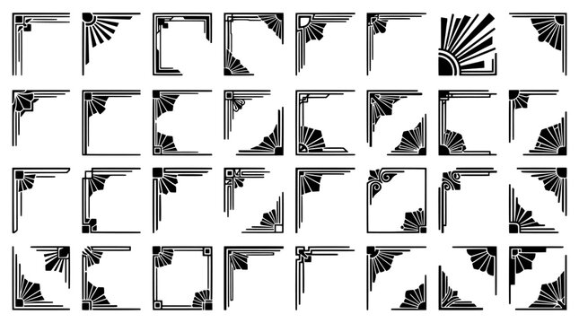 Set of art deco style corner frame elements featuring geometric patterns and sunburst motifs for vintage graphic design