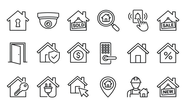 Real estate icons vector illustration set featuring line art house symbols, smart lock, security camera and property sale elements.
