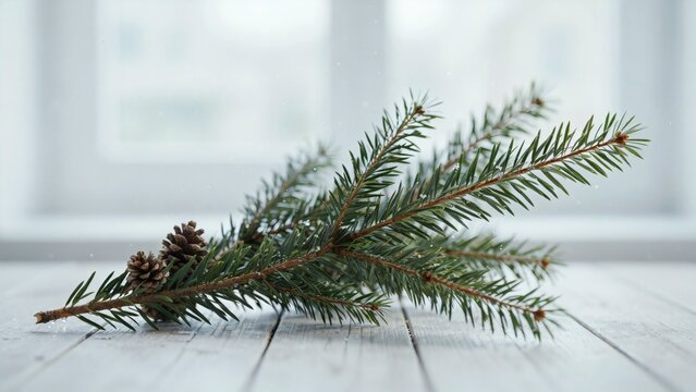 Fresh green fir branch with pine cones on white wooden table with captures close fresh shallow depth field
