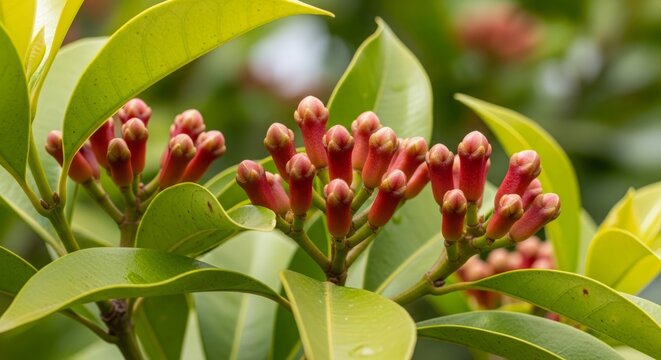 Fresh Clove Buds Growing on Clove Tree Close Up Tropical Plantation Photography