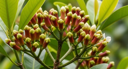 Obraz premium Fresh Clove Buds Growing on Clove Tree Close Up Tropical Plantation Photography