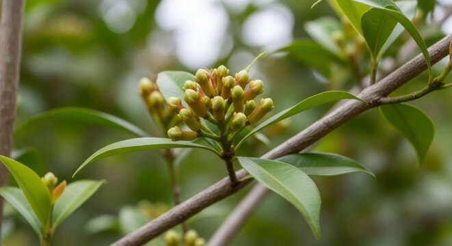 Fresh Clove Buds Growing on Clove Tree Close Up Tropical Plantation Photography