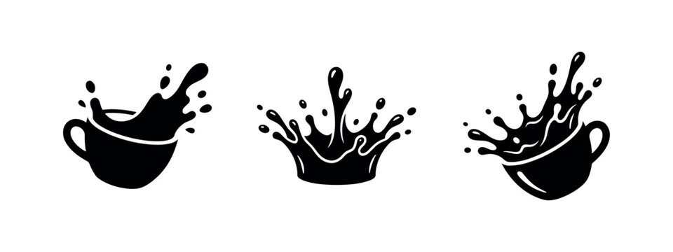 Coffee splash icon set, depicting dynamic liquid splashes from a cup or as an abstract shape.