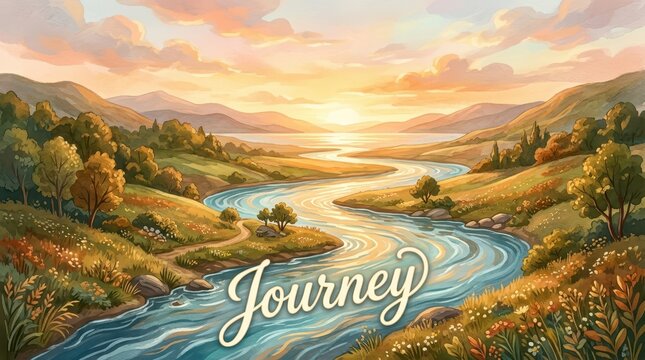 Serene watercolor landscape illustration of a winding river flowing through rolling hills and valleys at sunrise, inspiring a sense of journey and adv