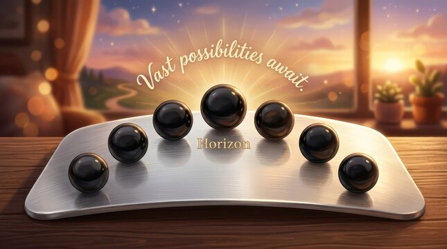 Seven black marbles arranged on a metallic stand, symbolizing choice, strategy, and the vast possibilities ahead, with a scenic sunset view in the bac