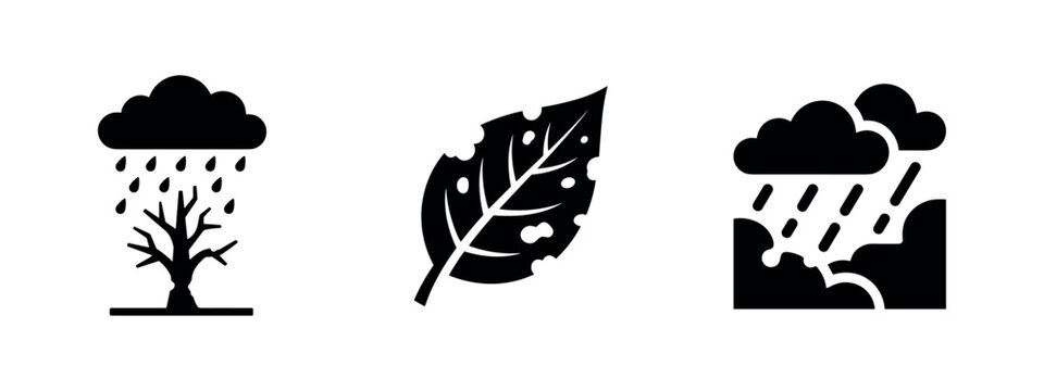Set of three black acid rain and environmental damage icons depicting ecological harm