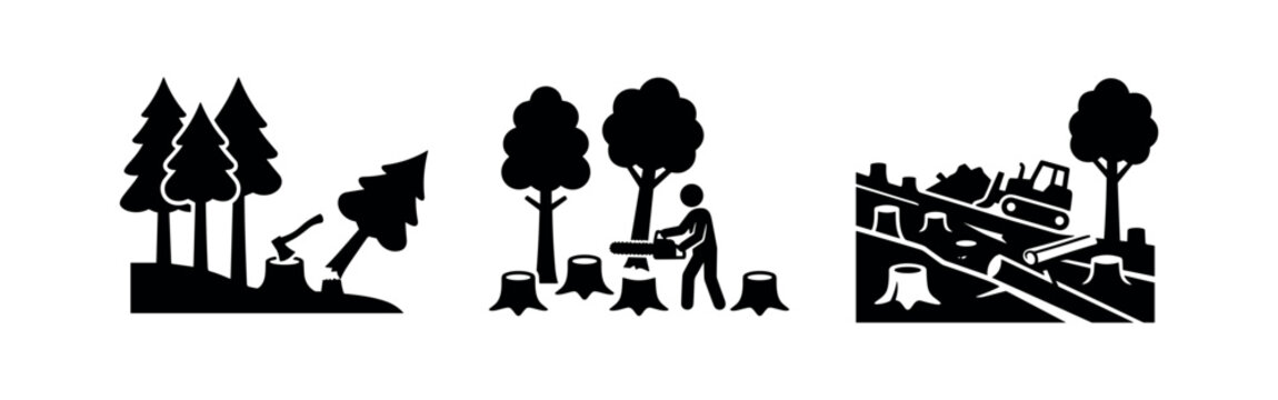 Set of three black deforestation and logging icons depicting tree felling and environmental impact