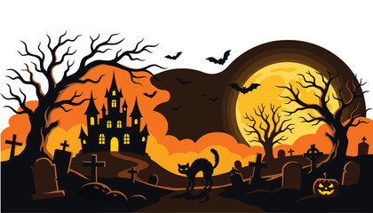 Halloween graveyard vector illustration set featuring haunted castle silhouette, spooky bats, full moon and black cat. © Creative Studio 