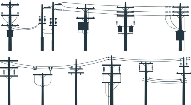 Electric utility pole and power line collection isolated on white background, electrical distribution vector illustration for energy infrastructure projects
